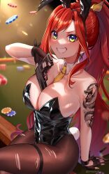  1girl absurdres arm_tattoo bare_shoulders between_breasts black_gloves black_leotard blush breasts casino_card_table cleavage collarbone commentary_request dragon_tattoo elly_(vtuber) fingerless_gloves gloves green_eyes gun highres indie_virtual_youtuber large_breasts leotard long_hair necktie pantyhose playboy_bunny poker_chip ponytail red_hair smile strapless table tattoo torn_clothes torn_pantyhose virtual_youtuber weapon yayoi_maka yellow_necktie 