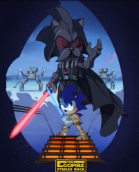  2boys cosplay darth_vader darth_vader_(cosplay) energy_sword full_body furry furry_male highres holding holding_weapon lightsaber luke_skywalker luke_skywalker_(cosplay) male_focus movie_poster multiple_boys no_humans outdoors poster_(medium) sonic_(series) sonic_the_hedgehog spoon standing star_wars star_wars:_the_empire_strikes_back sword teamsea3on weapon 