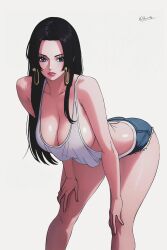  1girl backless_shirt bent_over black_hair blue_eyes blue_shorts boa_hancock breasts cleavage collarbone earrings grey_background hand_on_own_knee hand_on_own_thigh highres hoop_earrings jewelry large_breasts long_hair micro_shorts one_piece parted_lips pink_lips prixmal shirt shorts sleeveless sleeveless_shirt solo twitter_username white_shirt  rating:Sensitive score:64 user:danbooru