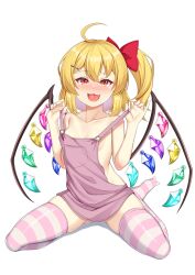  1girl :3 ahoge akasaka_sato alternate_costume blonde_hair blush bow breasts collarbone commentary_request crystal fang flandre_scarlet full_body gluteal_fold hair_bow hair_ornament hairclip hands_up highres looking_at_viewer medium_hair naked_overalls no_headwear nose_blush one_side_up overalls raised_eyebrow red_bow simple_background sitting slit_pupils small_breasts solo strap_pull striped_clothes striped_thighhighs thighhighs tongue tongue_out touhou wariza white_background wings 