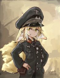  1girl alternate_costume animal_ears arknights blonde_hair closed_mouth cosplay cross erwin_rommel erwin_rommel_(cosplay) fox_ears german_army hands_on_own_hips hat highres iron_cross jacket long_sleeves looking_at_viewer military military_hat military_jacket military_uniform nazi outdoors sawkm short_hair solo suzuran_(arknights) tail uniform world_war_ii yellow_eyes 