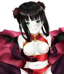  1girl :p bat_wings black_hair blush breasts chinese_clothes colored_skin commentary corona-chan double_bun elbow_gloves english_commentary feet_out_of_frame gloves green_eyes grey_skin hair_bun hair_ornament hairpin highres licking_lips looking_at_viewer lying medium_breasts medium_hair navel nipples on_back open_clothes open_shirt original picantium pillow solo spread_legs tongue tongue_out twitter wings 
