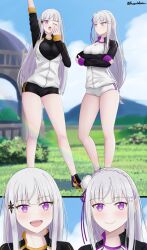  2girls absurdres annoyed arm_up arms_under_breasts black_buruma blue_sky blush braid breasts buruma close-up cloud commission covering_own_mouth crossed_arms crown_braid eennee elf emilia_(re:zero) flower gazebo grass grey_hair gym_uniform hair_flower hair_ornament hair_ribbon highres jacket large_breasts long_hair looking_at_viewer mountain multiple_girls open_mouth outdoors pointy_ears purple_eyes purple_ribbon re:zero_kara_hajimeru_isekai_seikatsu ribbon rose satella_(re:zero) shirt sky smile stretching thighs track_jacket white_flower white_hair white_rose x_hair_ornament yawning 