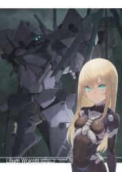  1girl ambient_(armored_core) armored_core armored_core:_for_answer black_bodysuit blonde_hair bodysuit breasts character_name commentary_request green_eyes highres karappo_(keith8387) lilium_wolcott long_hair looking_at_viewer mecha robot small_breasts upper_body 