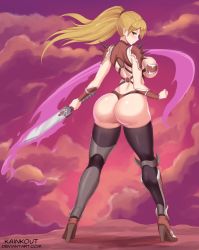  1girl armor ass bikini_armor blonde_hair blush breasts from_behind huge_ass kainkout large_breasts long_hair looking_back original outdoors red_eyes revealing_clothes sideboob solo sword thong warrior weapon  rating:Questionable score:45 user:Dragonlord36