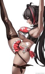  1girl ahoge armpits artist_name bay_(nikke) black_hair black_thighhighs blush breasts brown_eyes cheerleader collar crop_top dark-skinned_female dark_skin ekuskarma facial_tattoo from_side goddess_of_victory:_nikke hair_intakes hairband highres large_breasts leg_up long_hair looking_at_viewer mole mole_on_breast mole_on_stomach mole_under_eye mole_under_mouth multicolored_hair ponytail red_hair red_shirt red_skirt shirt simple_background single_thighhigh skirt solo spiked_collar spikes split standing standing_on_one_leg standing_split star_tattoo streaked_hair sweat tattoo thigh_strap thighhighs torn_clothes torn_thighhighs underboob white_background 