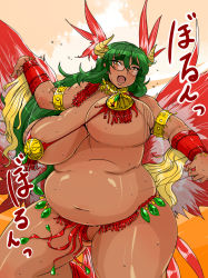  1girl belly bouncing_breasts breasts curvy dancer dancing dark_skin dark-skinned_female female_focus futaba_channel glasses green_hair happy highres hip_focus horns huge_breasts jewelry long_hair looking_at_viewer lots_of_jewelry nandi navel nijiura_maids open_mouth plump solo sweat thick_thighs thighs wide_hips yuumano_yuuki 