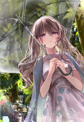 1girl absurdres bare_shoulders blush brown_hair commentary dress earrings english_commentary eyelashes floral_print green_jacket hair_between_eyes highres holding holding_umbrella jacket jacket_on_shoulders jewelry long_hair looking_away original outdoors parted_lips puracotte purple_eyes rain short_sleeves solo transparent transparent_umbrella tree umbrella water white_dress rating:General score:5 user:danbooru