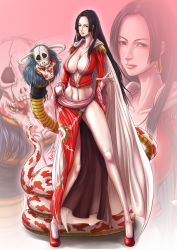  1girl amazon_warrior black_eyes black_hair boa_hancock breasts cape cleavage earrings epaulettes female_focus high_heels highres hime_cut jewelry large_breasts long_hair long_skirt looking_at_viewer midriff navel one_piece red_skirt rovin salome_(one_piece) shoes side_slit signature skirt skull slit_pupils snake standing very_long_hair yellow_eyes zoom_layer  rating:Sensitive score:24 user:snusquared
