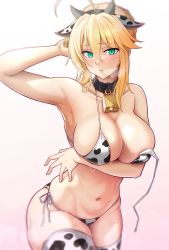 1girl ahoge animal_ears animal_print armpits artoria_pendragon_(fate) artoria_pendragon_(lancer)_(fate) bare_arms bare_shoulders bell bikini black_thighhighs blonde_hair blush braid breast_hold breasts cleavage collar collarbone commentary_request cow_ears cow_girl cow_horns cow_print cow_tail cowbell fake_animal_ears fate/grand_order fate_(series) french_braid green_eyes hair_between_eyes highres horns large_breasts long_hair looking_at_viewer navel neck_bell parted_lips side-tie_bikini_bottom sidelocks simple_background solar_(happymonk) solo steam sweat swimsuit tail thighhighs untied_bikini white_background white_thighhighs rating:Sensitive score:133 user:danbooru