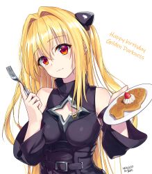  1girl :t absurdres bare_shoulders black_dress black_sleeves blonde_hair breasts clothing_cutout commentary_request dated detached_sleeves dress food fork fruit hair_intakes hair_ornament hands_up happy_birthday head_tilt highres holding holding_fork konjiki_no_yami long_hair looking_at_viewer red_eyes signature simple_background solo strawberry taiyaki to_love-ru traveler_(artbbt) two_side_up upper_body very_long_hair wagashi whipped_cream white_background 