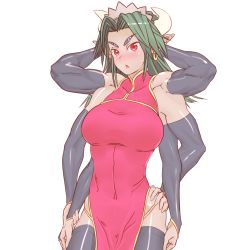  1girl arms_behind_head bare_shoulders black_sclera blush breasts china_dress chinese_clothes colored_sclera dark-skinned_female dark_skin dress earrings elbow_gloves extra_arms extra_eyes female_focus gloves green_hair grey_eyes hand_on_own_hip hands_on_own_hips headband highres horns jewelry large_breasts maid_headdress monster_girl multi_arm multi_limb muscular open_mouth pointy_ears red_eyes shiyuu_(nijiura_maids) simple_background sleeveless solo thighhighs white_background 