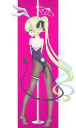  1girl absurdres animal_ears arm_strap ass bare_shoulders black_leotard blue_archive blush demon_girl demon_tail detached_collar earrings from_behind full_body gnoet gradient_hair green_hair green_halo grin hair_ornament hairband halo highres hip_focus jewelry legs_apart leotard long_hair looking_at_viewer looking_back multicolored_hair nozomi_(blue_archive) pantyhose pink_background pole pole_dancing rabbit_ears rabbit_girl rabbit_hair_ornament rabbit_hole_(vocaloid) rabbit_tail skindentation smile smug solo standing strapless strapless_leotard stripper_pole tail thigh_strap tiptoes twintails very_long_hair white_hairband yellow_eyes 