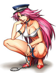  1girl aitayuu aozoraichi arm_support armband blue_eyes bracelet capcom choker cuffs final_fight handcuffs hat high_heels jewelry long_hair peaked_cap pink_hair poison_(final_fight) shoes short_shorts shorts smile solo squatting street_fighter  rating:Questionable score:42 user:thebatman