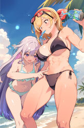  2girls ^^^ abs bare_arms bare_shoulders beach bikini black_bikini blonde_hair blue_sky blush breasts can cloud colored_inner_hair commentary day english_commentary eyewear_on_head feet_out_of_frame frilled_bikini frills gluteal_fold green_bikini hairband highres holding holding_can hololive hololive_english hololive_indonesia kaela_kovalskia koseki_bijou large_breasts lens_flare long_hair multicolored_hair multiple_girls navel ocean open_mouth outdoors palm_tree pink_hair poking popo_(popo0cat) purple_eyes purple_hair red_eyes red_hairband shore side-tie_bikini_bottom sky small_breasts spitting standing stomach string_bikini sunglasses swimsuit thigh_gap toned tree two-tone_hair underboob very_long_hair virtual_youtuber water 