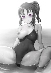 1girl arm_support artist_name bangs bare_arms bare_legs bare_shoulders blush breasts cameltoe cleavage closed_mouth collarbone commentary commentary_request competition_school_swimsuit covered_navel covered_nipples english_commentary eyebrows_visible_through_hair greyscale hair_ornament hair_scrunchie highres kazuno_sarah leaning_back looking_at_viewer love_live! love_live!_sunshine!! medium_breasts medium_hair mixed-language_commentary monochrome nipples nose_blush one-piece_swimsuit one_breast_out partially_submerged pink_eyes school_swimsuit scrunchie shallow_water shiny shiny_hair side_ponytail signature sitting smile solo spot_color spread_legs swimsuit unsfrau water water_drop wet wet_clothes wet_hair wet_swimsuit white_background