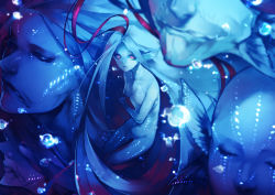  1girl air_bubble antenna_hair bad_id bad_pixiv_id bald blue_eyes blue_hair blue_skin blue_theme blurry breasts bubble closed_mouth colored_skin copyright_request depth_of_field fins giant glowing glowing_eyes head_fins head_out_of_frame highres hujimogeo long_hair looking_at_viewer mermaid merman monster_boy monster_girl multicolored_hair multiple_boys nail_polish parted_bangs red_eyes red_hair small_breasts split_tail underwater very_long_hair white_nails  rating:Sensitive score:7 user:danbooru