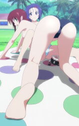  2girls all_fours ass bikini bikini_bottom_only blue_hair breasts feet female_focus foot_focus from_behind green_eyes hair_ornament hairclip highres kneepits large_breasts legs long_hair long_image looking_at_viewer looking_back maron_(to_love-ru) medium_breasts mikado_ryouko multiple_girls no_shoes no_socks open_mouth outdoors purple_eyes red_hair sairenji_haruna screencap short_hair sitting smile swimsuit tall_image thighs to_love-ru toes topless twister twister_(game) wedgie yabuki_kentarou  rating:Questionable score:47 user:JZ96TR