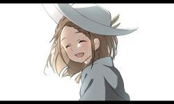  1girl a_(tznu7345) absurdres border braid brown_hair cape closed_eyes commentary english_commentary facing_viewer forehead from_side hat highres letterboxed medium_hair open_mouth shigemura_yuuna sidelocks simple_background single_braid smile solo sun_hat sword_art_online sword_art_online_the_movie:_ordinal_scale upper_body white_background white_cape white_hat 