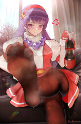 1girl absurdres asamiya_athena blush couch feet gloves hairband heart highres holding holding_shoes long_hair looking_at_viewer pantyhose purple_eyes purple_hair shoes unworn_shoes single_shoe sitting smile snk soles steam the_king_of_fighters ursica  rating:Sensitive score:77 user:ssfl