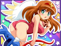  1girl aqua_eyes ass bad_id bad_pixiv_id bikkuriman blush bow_(weapon) breasts brown_hair character_request cleavage cupid juujika_tenshi konpeto large_breasts leotard red_leotard solo weapon wings  rating:Questionable score:40 user:Princess_of_Hoenn