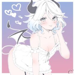  1girl :p arm_scrunchie bent_over blue_background blue_hair blush border breasts cleavage collarbone cowboy_shot demon_horns demon_tail demon_wings dodosako furina_(genshin_impact) genshin_impact gradient_background gradient_hair grey_eyes hand_up heart highres horns light_blue_hair looking_at_viewer medium_breasts multicolored_hair pink_background playing_with_own_hair short_hair solo tail tongue tongue_out wavy_hair white_border white_chemise white_hair wings 