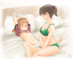 2girls age_difference arms_up barefoot bdsm bed blush bondage bound bound_wrists bra breasts brown_eyes brown_hair cleavage clothes_lift densetsu_no_kuma femdom frown loli long_hair lying multiple_girls navel nipples onee-loli panties ponytail shirt_lift sitting smile spread_legs underwear you_gonna_get_raped yuri rating:Explicit score:292 user:TornAsunder