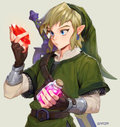  1boy armor artist_name belt blonde_hair blue_eyes bottle brown_belt brown_gloves chainmail collared_shirt corked_bottle crystal earrings fingerless_gloves gamza gloves green_hat green_tunic grey_background hat highres holding holding_bottle holding_crystal jewelry link looking_at_object male_focus master_sword nintendo pointy_ears pointy_hat shirt short_hair sidelocks solo the_legend_of_zelda the_legend_of_zelda:_skyward_sword upper_body weapon weapon_on_back white_shirt 