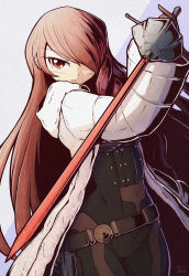  1girl belt black_bodysuit black_gloves bodysuit coat commentary covered_navel cowboy_shot fighting_stance fur_coat gloves hair_over_one_eye hand_up highres holding holding_sword holding_weapon kirijou_mitsuru long_hair long_sleeves looking_at_viewer official_alternate_costume one_eye_covered parted_lips persona persona_3 persona_4:_the_ultimate_in_mayonaka_arena rapier red_eyes red_hair richter_h solo sword weapon white_coat 