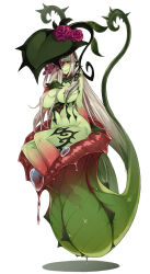  1girl breasts choker colored_skin flower gloves green_skin hair_flower hair_ornament hair_over_breasts hair_over_one_eye hand_on_own_chest highres kenkou_cross large_breasts long_hair looking_at_viewer man-eater_(saccophyte)_(monster_girl_encyclopedia) monster_girl monster_girl_encyclopedia navel nude official_art pitcher_plant plant plant_girl purple_eyes red_flower red_rose rose see-through sitting smile solo very_long_hair vines white_hair 