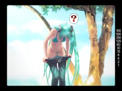1girl ? aqua_bikini aqua_hair bikini bikini_under_clothes censored clothes_pull colored_pubic_hair denim female_pubic_hair flat_chest green_hair hatsune_miku jeans leaning_forward long_hair looking_down navel open_fly panties pants pants_pull panty_pull pubic_hair pulled_by_self solo spoken_question_mark swimsuit twintails underwear undressing unzipped very_long_hair viewfinder vocaloid wardrobe_malfunction wokada rating:Questionable score:170 user:danbooru