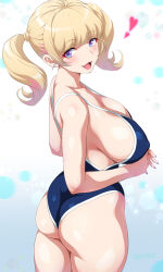  1girl :d ass bare_arms bare_shoulders blonde_hair blue_eyes blue_one-piece_swimsuit blush breasts cleavage commentary_request covered_erect_nipples from_behind gradient_background gyaru heart highres huge_breasts joy_ride long_hair looking_at_viewer looking_back one-piece_swimsuit open_mouth original simple_background skindentation smile solo standing swimsuit two_side_up 