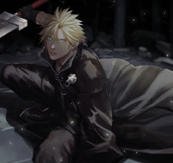  1boy aqua_eyes armor black_cape black_gloves black_pants black_shirt blonde_hair boooshow cape cloud_strife earrings fighting_stance final_fantasy final_fantasy_vii final_fantasy_vii_advent_children first_ken gloves hair_between_eyes high_collar holding holding_sword holding_weapon jewelry looking_at_viewer male_focus open_collar pants parted_lips shirt short_hair shoulder_armor single_earring single_sleeve solo spiked_hair sword waist_cape weapon wolf 