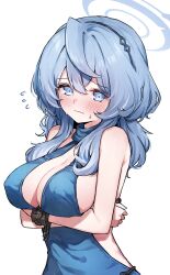 1girl absurdres ako_(blue_archive) ako_(dress)_(blue_archive) arms_under_breasts backless_dress backless_outfit bare_shoulders blue_archive blue_dress blue_eyes blue_hair blush breasts chain cleavage closed_mouth covered_erect_nipples cowlick crossed_arms cuffs dress flying_sweatdrops furrowed_brow hairband halterneck highres kutar22 large_breasts long_hair looking_at_viewer official_alternate_costume plunging_neckline shackles sideboob sideless_dress simple_background small_sweatdrop solo upper_body white_background