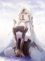  1girl absurdres arms_between_legs azur_lane between_breasts black_dress black_nails breasts cleavage detached_sleeves dress feather_dress feathers formidable_(azur_lane) garter_straps grey_hair hair_ribbon highres large_breasts long_hair looking_at_viewer red_eyes ribbon sitting solo theleopardcat thighhighs torn torn_clothes torn_thighhighs twintails two-tone_dress two-tone_ribbon very_long_hair white_garter_straps white_thighhighs 