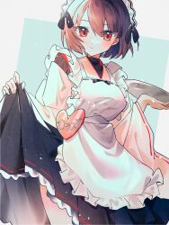  1girl alternate_costume apron blush breasts brown_hair character_name closed_mouth clothes_lift dress dress_lift enmaided frilled_apron frills hair_between_eyes highres holding holding_tray hyuuga_(kancolle) kantai_collection kazeshio lifted_by_self long_sleeves looking_at_viewer maid maid_headdress red_eyes short_hair skirt_hold solo tray two-tone_background wa_maid white_apron wide_sleeves 