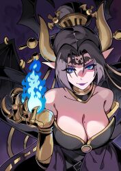  1girl bare_shoulders bat_wings black_hair blue_eyes blue_fire breasts claws cleavage currynoodle_art demon demon_girl demon_wings digimoji digimon digimon_(creature) eyeshadow facial_mark fallen_angel fire forehead_mark forehead_tattoo hair_ornament highres horns large_breasts lilithmon lipstick looking_at_viewer makeup mole mole_on_breast mole_under_eye pierced_wings pointy_ears purple_eyeshadow purple_lips short_hair smile solo wings 