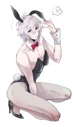  1boy ? ?? ahoge animal_ears between_legs black_leotard blue_eyes bow bowtie commentary_request detached_collar fake_animal_ears fake_tail fishnet_pantyhose fishnets full_body granblue_fantasy hair_between_eyes hand_between_legs high_heels leotard looking_at_viewer lucifer_(shingeki_no_bahamut) male_focus male_playboy_bunny masakane messy_hair oversized_breast_cup pantyhose red_bow red_bowtie short_hair solo_focus squatting tail white_hair wrist_cuffs yaoi 