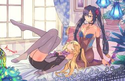  2girls artist_name bare_shoulders bed black_choker black_hair black_leotard blonde_hair blue_leotard bodystocking breasts choker cleavage closed_mouth covered_navel day elbow_gloves fischl_(genshin_impact) full_body genshin_impact gloves hair_ribbon highres indoors kneeling kyouyasai4423 lap_pillow leotard long_hair lying medium_breasts mona_(genshin_impact) multiple_girls on_back on_bed pendant_choker pillow plant potted_plant ribbon small_breasts smile sunlight thighhighs thighs twintails very_long_hair window 