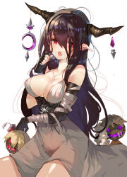 10s 1girl absurdres black_hair breasts cleavage danua doll draph dress glowing granblue_fantasy gretel_(granblue_fantasy) hair_between_eyes hansel_(granblue_fantasy) heart heart-shaped_pupils heavy_breathing highres horn_ornament horns large_breasts long_hair open_mouth pointy_ears sleeveless sleeveless_dress symbol-shaped_pupils wet white_dress yueqin_(monnpiano) rating:Questionable score:12 user:buster2222