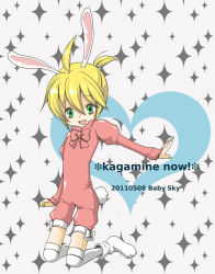  1boy :d animal_costume animal_ears animal_hands artist_request bad_id child kagamine_len kneehighs male_focus open_mouth pink_theme rabbit_costume rabbit_ears romper smile socks solo vocaloid  rating:Sensitive score:6 user:WizzStar1