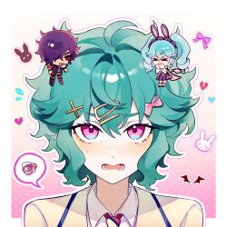  &gt;_&lt; 1boy 2girls absurdres animal_ear_hairband animal_ears black_jacket blue_hair blush border bow broken_heart chibi chinese_commentary collared_shirt commentary_request fake_animal_ears flying_sweatdrops furrowed_brow hair_bow hair_ornament hair_over_one_eye hairband hairclip hairpin hand_up heart highres idol_land_pripara jacket katasumi_amari long_hair looking_at_viewer mario_(pripara) messy_hair mini_person miniboy minigirl multiple_girls necktie open_mouth outline pink_bow pink_eyes pretty_series pripara rabbit_ear_hairband rabbit_ears red_eyes school_uniform shirt short_hair spoken_squiggle squiggle standing twintails upper_body upturned_eyes wavy_mouth white_border white_outline white_shirt x_hair_ornament zhou_(suzusuz57561619) 
