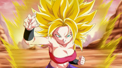  1girl aura big_hair blonde_hair blurry blurry_background breasts caulifla cleavage dragon_ball dragon_ball_super fighting_stance green_eyes grin large_breasts looking_at_viewer pants pink_tube_top purple_pants rom_(20) smile solo spiked_hair strapless super_saiyan super_saiyan_1 tube_top upper_body  rating:Sensitive score:84 user:danbooru