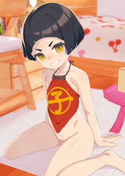  1girl barefoot bed black_hair blush bob_cut bottomless chair chinese_clothes cleft_of_venus dudou flat_chest highres indoors kintarou loli lolicom looking_at_viewer original pussy short_hair sitting smile solo wariza yellow_eyes 