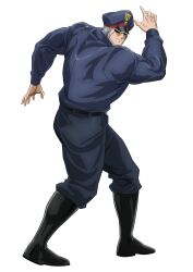 1boy biceps brocken_jr. fighting_stance full_body hat highres jewelry kinnikuman looking_at_viewer manly military_hat military_uniform muscular official_art shaded_face smile solo uniform