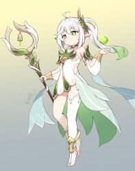  1girl absurdres ahoge bell blush breasts closed_mouth cross-shaped_pupils detached_sleeves dress genshin_impact gradient_background green_eyes green_hair grey_background grey_hair hand_up highres holding holding_staff langbazi long_hair long_sleeves nahida_(genshin_impact) pointy_ears puffy_long_sleeves puffy_sleeves side_ponytail signature single_sock single_thighhigh sleeveless sleeveless_dress small_breasts socks solo staff stirrup_legwear symbol-shaped_pupils thighhighs toeless_legwear white_dress white_sleeves white_socks white_thighhighs yellow_background 