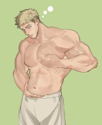 1boy abs alternate_pectoral_size bara belly_grab blonde_hair dungeon_meshi grabbing_own_pectoral highres laios_touden large_pectorals male_focus mango_(aziiimango) muscular muscular_male navel nipples pectorals short_hair solo stomach thick_eyebrows topless_male weight_conscious