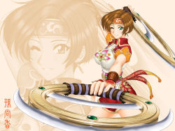  1girl arm_up breasts brown_hair chakram character_name chinese_clothes cowboy_shot dual_wielding earrings covered_erect_nipples foreshortening from_side gem green_eyes grin headband holding holding_weapon jewelry legs_apart looking_at_viewer momoya_show-neko obi one_eye_closed outstretched_arm ring sangokumuso sash shin_sangoku_musou short_hair short_shorts short_sleeves shorts smile solo sun_shang_xiang thighs turtleneck wallpaper weapon windfire_wheel wink zoom_layer 