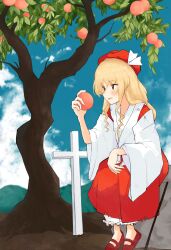  1girl absurdres blonde_hair bloomers blue_sky cloud cloudy_sky commentary_request detached_sleeves dolls_in_pseudo_paradise food fruit gohei graveyard hakama hakama_skirt hat hat_ribbon highres holding holding_food holding_fruit hourai_girl_(touhou) iyo_mamoru japanese_clothes kimono long_hair long_sleeves mary_janes no_socks outdoors parted_lips peach peach_tree pleated_skirt portrait_of_exotic_girls red_footwear red_hakama red_hat red_skirt ribbon shoes sidelocks sitting skirt sky solo tombstone touhou underwear white_bloomers white_kimono white_ribbon white_sleeves wide_sleeves yellow_eyes 