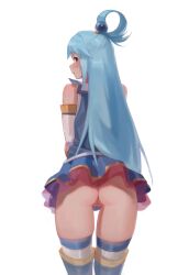  1girl absurdres aqua_(konosuba) cleft_of_venus from_behind highres looking_at_viewer looking_back no_panties presenting pussy simple_background skirt thighhighs toxic_(toxicv) uncensored white_background  rating:Explicit score:172 user:86482